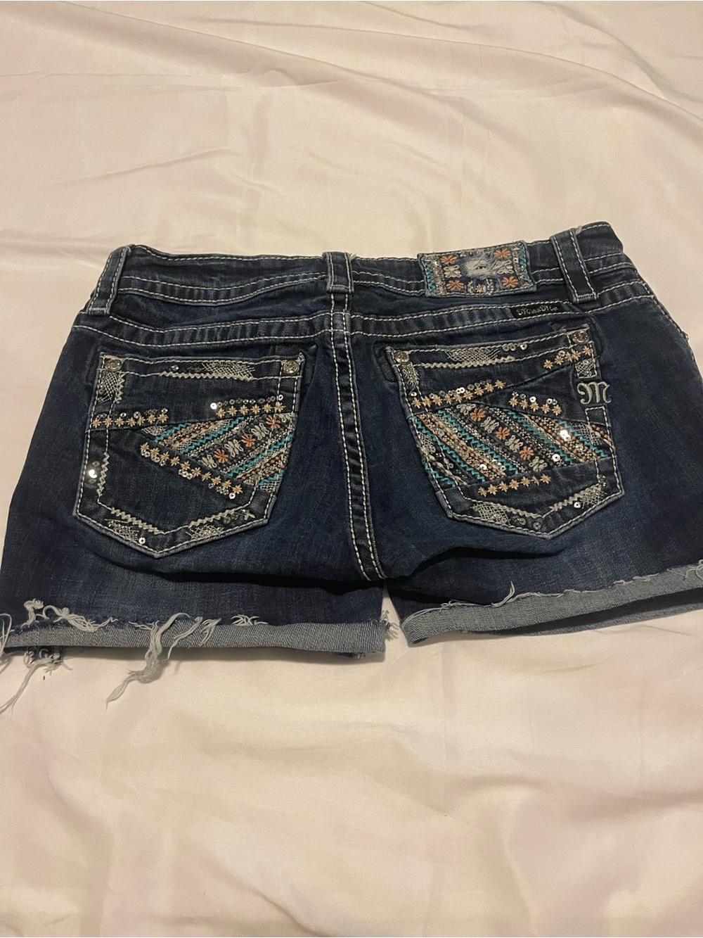 Miss Me Dark Blue Embroidered Sequin Denim Shorts